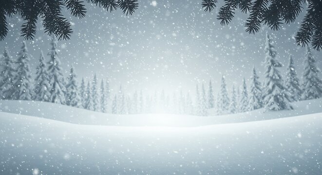 Winter wonderland scene with snow covered trees and falling snowflakes