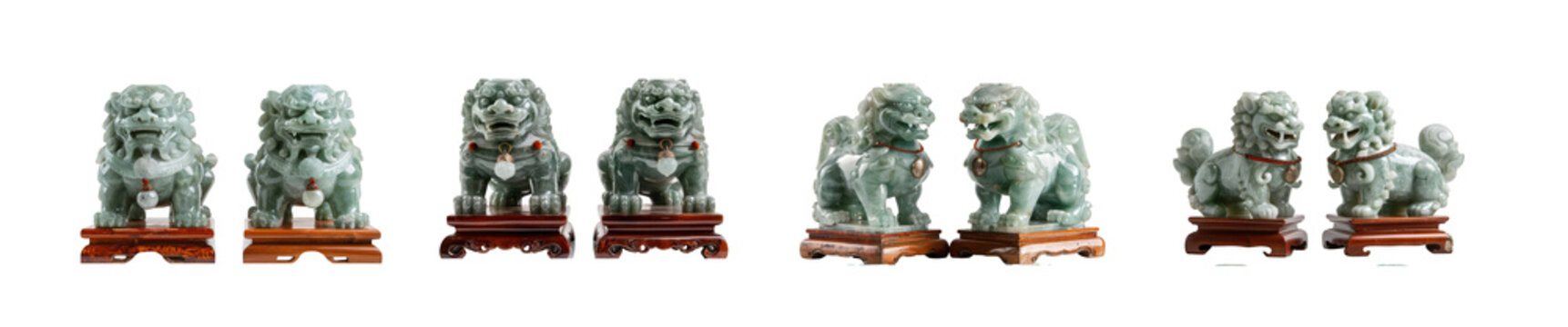 Collection of jade foo dogs isolated on transparent background, traditional chinese guardian lions