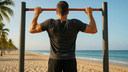 man on the beach,Beach Workout,Pull-Up
