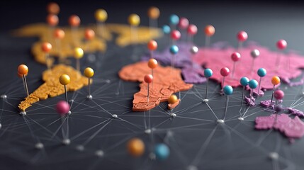 Global strategy with pins marking key locations on a world map, perfect for business presentations, international marketing, and location-based data analysis