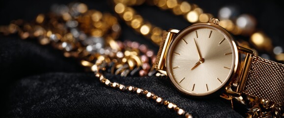 Luxury Gold Watch and Jewelry in an Elegant Arrangement on a Dark Velvet Surface