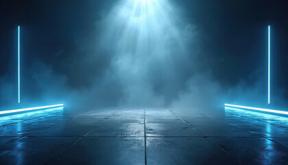 Naklejka premium Dark empty stage blue neon light lines on sides, floor. Bright spotlight beams shine through fog, smoke, creating dynamic mystic atmosphere. Modern concrete floor reflects strong glow. Futuristic