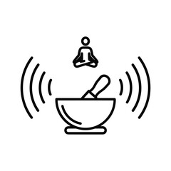 Person meditating above a singing bowl with sound waves icon