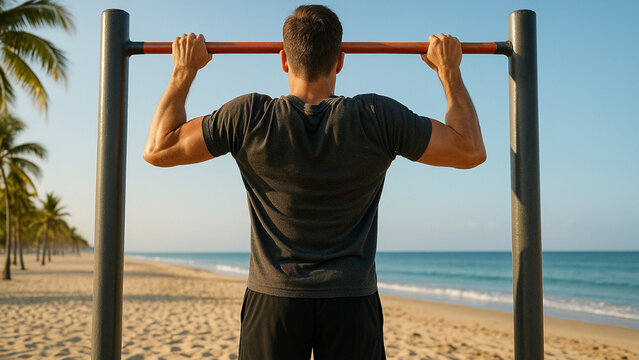 man on the beach,Beach Workout,Pull-Up - Powered by Adobe