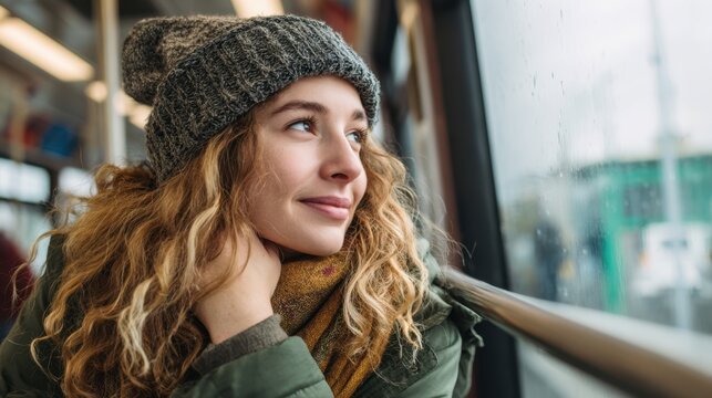 A young woman with curly hair enjoys a quiet moment on a bus watching the raindrops outside.