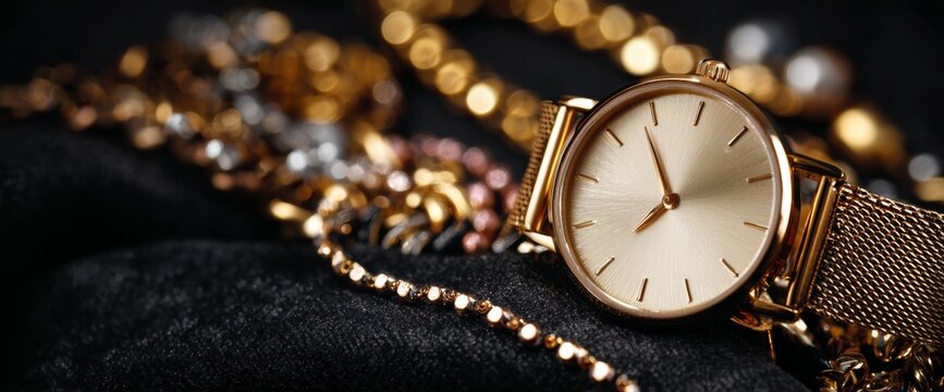 Luxury Gold Watch and Jewelry in an Elegant Arrangement on a Dark Velvet Surface