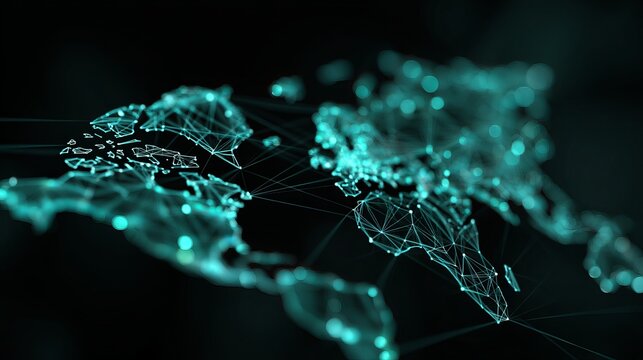 Global network connection with vibrant turquoise lines forming world map for technology solutions and innovative business ventures, modern worldwide impact - Powered by Adobe