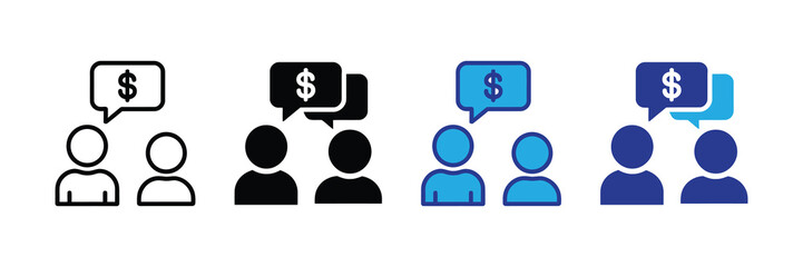 Two people discussing finances with speech bubbles containing a dollar sign, representing financial conversation or money talk, isolated.