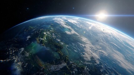 Fototapeta premium Earth from space with visible sun glare and clouds atmosphere planet.