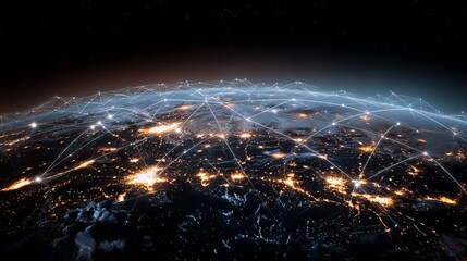 Global network spreading across Earth with city lights creating a connected world for technology and business solutions with a dark and moody backdrop