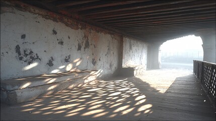 Fototapeta premium Sunlit walkway with textured wall and wooden ceiling leads to bright opening.