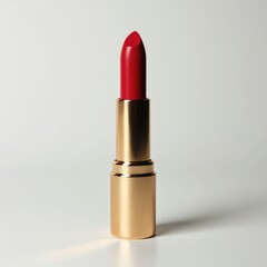 Single red lipstick in golden case stands upright. Luxurious cosmetic item for beauty routine, stands on white surface. Bold color accent for feminine style.