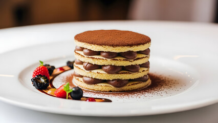 Homemade stack of sweet chocolate pancakes with fresh fruit and berries on a plate for a delicious morning breakfast