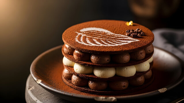 Delicious round chocolate cake with nuts and pastry on a white plate