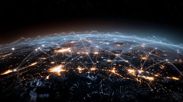 Global network spreading across Earth with city lights creating a connected world for technology and business solutions with a dark and moody backdrop