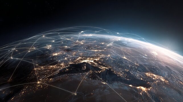 Global network connections illuminate Earth, highlighting international business and technology, creating a powerful visual metaphor for worldwide reach