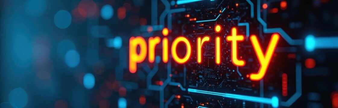 Priority text glows on circuit board. Strategy focused planning in tech business for leadership, goals, task, success. Team alignment, project monitoring, innovation, development for optimal growth.