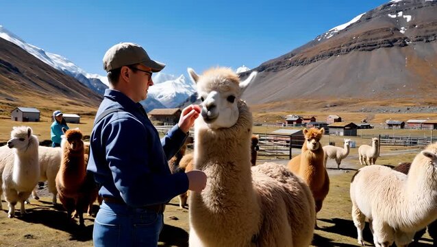Male Farmer Caring for Alpacas in Scenic Mountain Landscape