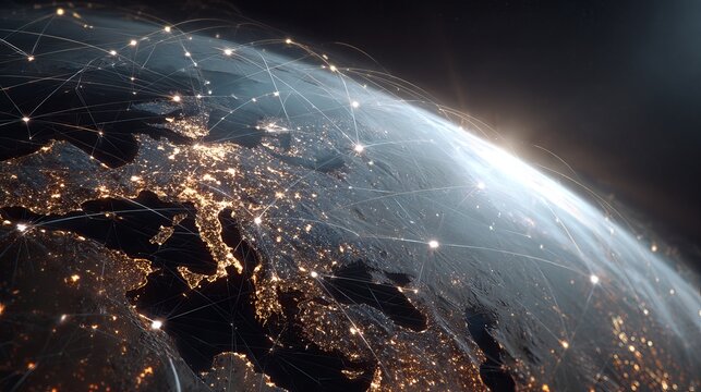 Stunning global network connection over Europe at night showcasing modern technology and data flow for business solutions and international communications