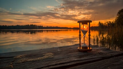 Golden hour reflections Hourglass on wooden dock against vibrant sunset sky over tranquil lake, captures serenity and the passage of time beautifully