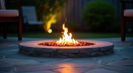 A circular stone fire pit with glowing flames on a flagstone patio. Cozy backyard setting at night for outdoor living. Warm and relaxing ambiance