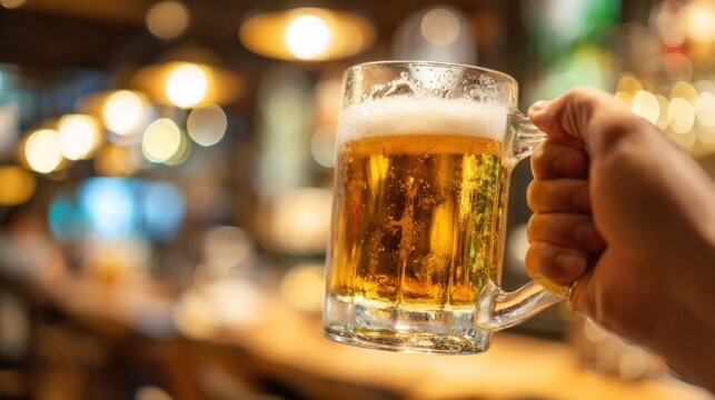 Friend raises a glass of golden beer in a bustling bar celebrating the joy of the moment. - Powered by Adobe