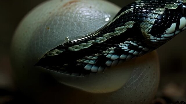 Corn snake hatchling emerges from egg with slow and careful movements in a natural setting