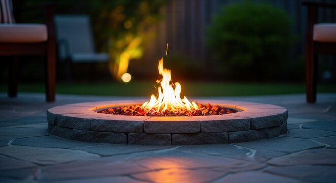 A circular stone fire pit with glowing flames on a flagstone patio. Cozy backyard setting at night for outdoor living. Warm and relaxing ambiance - Powered by Adobe