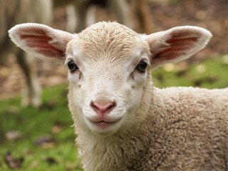 Obraz premium Adorable lamb portrait, a close-up of innocence, perfect for spring campaigns, Easter greetings, and heartfelt animal welfare messages, capture the joy of new life