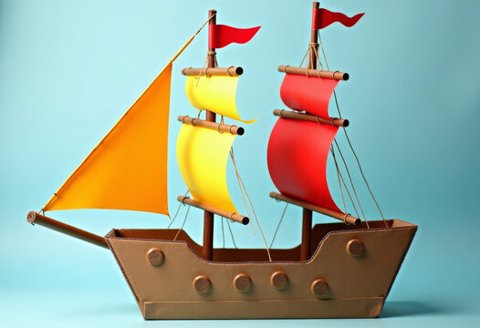 children sailing pirate ship made from cardboard boxes, imaginative play, bright colors