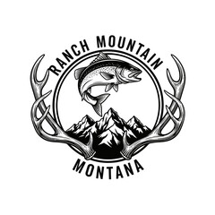Vintage Trout Fishing and Deer Hunting Logo with Mountains.