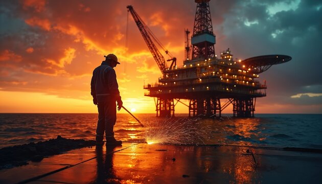 Silhouette of man works on offshore oil rig at sunset. Bright light on ocean surface. Worker in helmet welding metal construction at gold sky background. Offshore oil industry worker at platform.