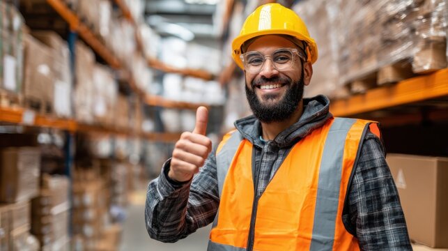 A cheerful worker stands confidently in a warehouse showing a thumbs up while wearing safety gear.