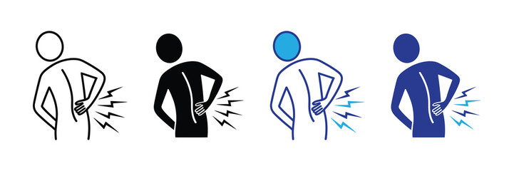 Set of four stylized icons depicting lower back pain with lightning bolt graphics indicating discomfort, presented in outline, solid black, blue outline, and solid blue formats.