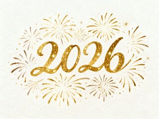 Elegant Golden Glitter Script 2026 with Hand-Drawn Fireworks on a Light Textured Background for Luxury New Year Greeting Card or Invitation