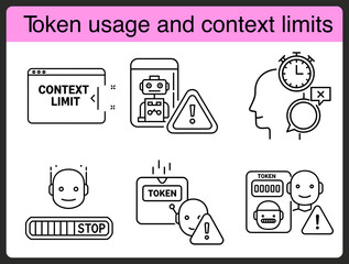 Vector graphic showing a labeled diagram of token usage and context limits with black background and light blue header isolated on white background
