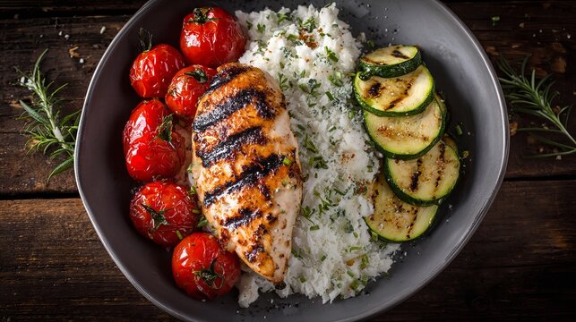 Enjoy a delicious grilled chicken breast with roasted tomatoes and zucchini, a healthy and vibrant meal perfect for a balanced lifestyle diet