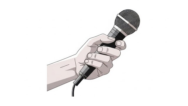 Clean cartoon illustration of a human hand firmly holding a wired microphone on white background symbolizing singing, speech, podcast, interview, performance, announcement and powerful public voice

