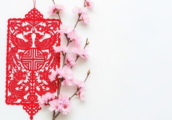 Red paper cut artwork with dragon and phoenix hangs beside pink cherry blossom branch. White background emphasizes Lunar New Year decorative tradition