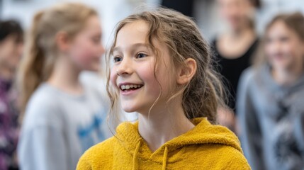 Bright energy fills the dance studio as a young girl beams with happiness among her peers.