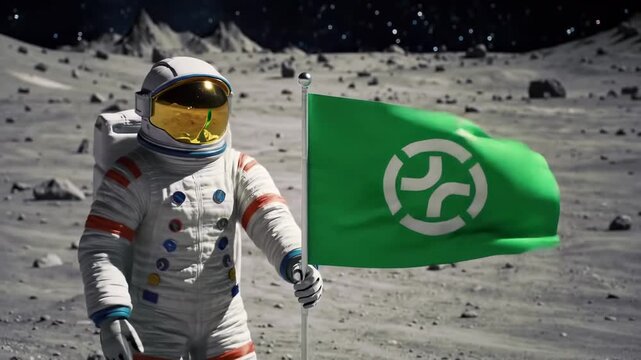 Astronaut plants a green flag on the moon, surface grey and rocky, stars faint in the background, light from left