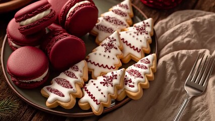Top-Down View of Red Macaroons and Christmas Tree Cookies - Powered by Adobe