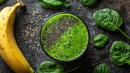 Delicious green smoothie with banana, spinach, and chia seeds for a healthy boost and vibrant lifestyle, perfect for wellness and detox campaigns