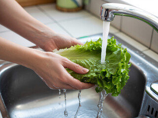 Woman washing fresh lettuce under running tap water in a kitchen sink, preparing healthy salad with crisp greens for a vibrant and nutritious meal