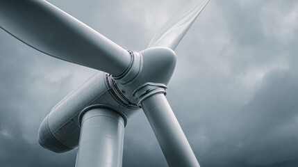 Close-up of a wind turbine against a cloudy sky generating renewable energy.