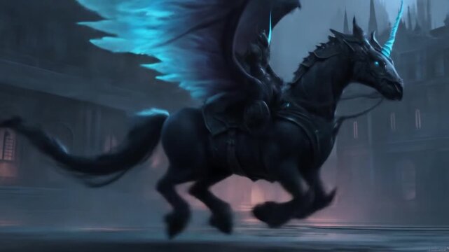 Mythical dark winged unicorn with glowing blue mane and horn gallops through an ancient, mysterious gothic city scene