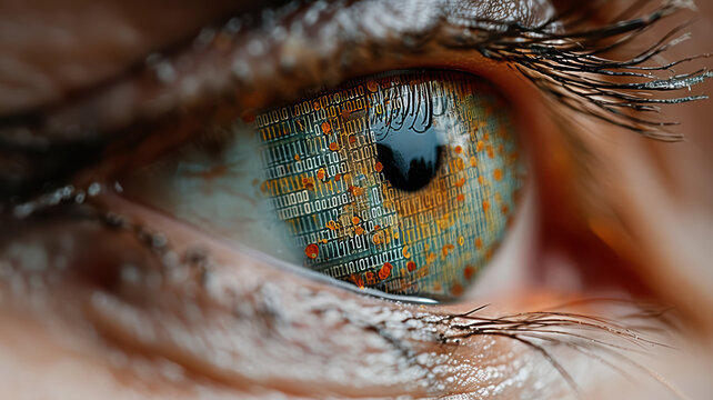 Human eye with digital pattern on iris - concept of uniqueness, identity, biometric identification, global control