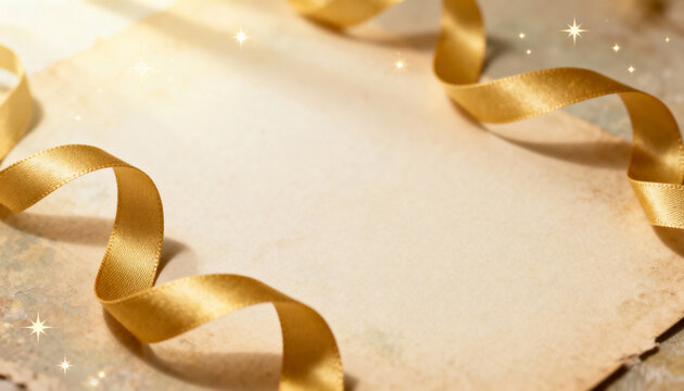 Festive Christmas background with a gold ribbon on vintage paper. Holiday invitation template with sparkling lights. Elegant design with copy space for text