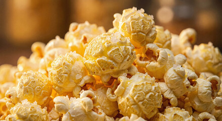 Extreme close-up, macro photography of freshly popped popcorn piled high.