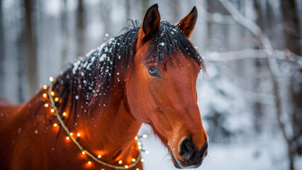Brown horse with Christmas lights standing in snowy forest